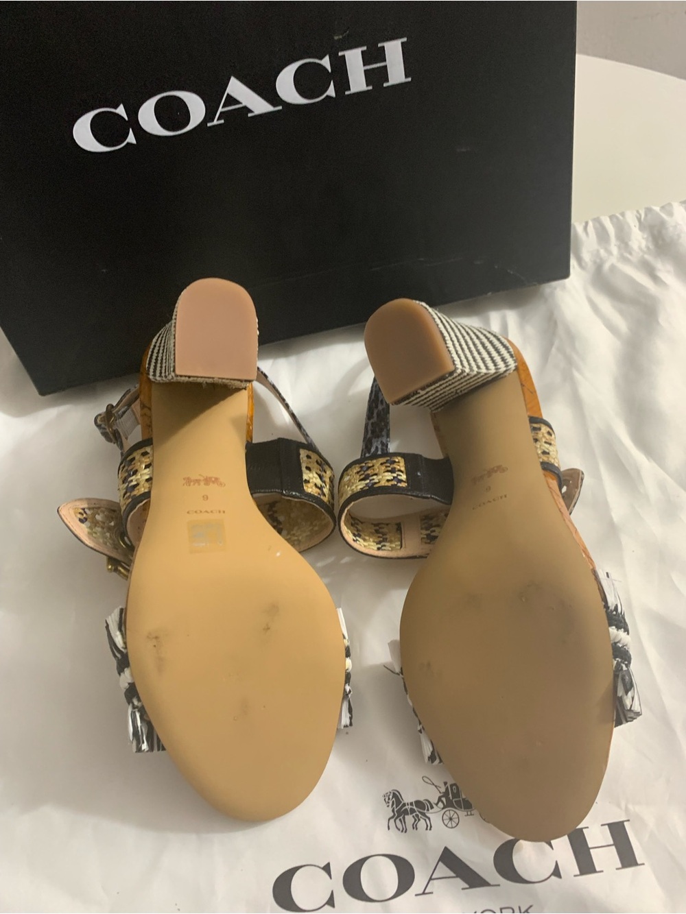 COACH Black & Gold Raffia Buckle Sandals - Picture 2 of 4